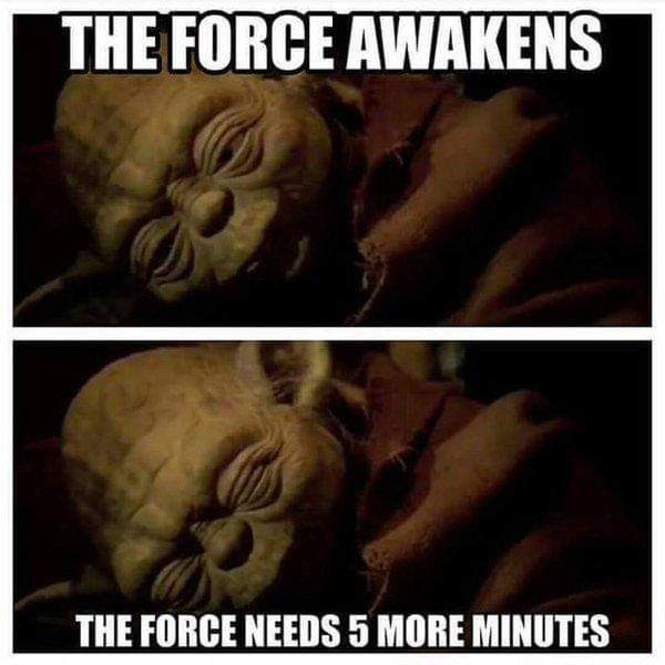 A meme for star wars day. yoda is cheerfully saying 'The Force Awakens!' in the top panel, but the bottom panel shows him, eyes closed, with the caption 'the force needs another 5 minutes'.